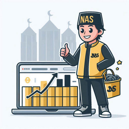 Muslim man holding shopping bag with money and showing thumbs up. Vector illustration.のイラスト素材