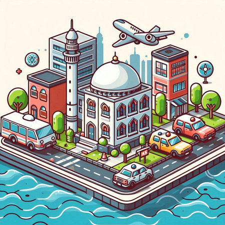 Vector isometric illustration of a city with a river and buildings.のイラスト素材
