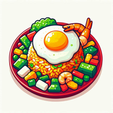 Illustration of fried egg with shrimp and vegetables on plate, vectorのイラスト素材