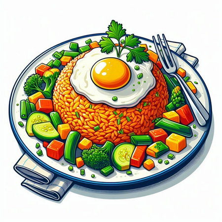 Rice with fried egg and vegetables on a plate. Vector illustration.のイラスト素材