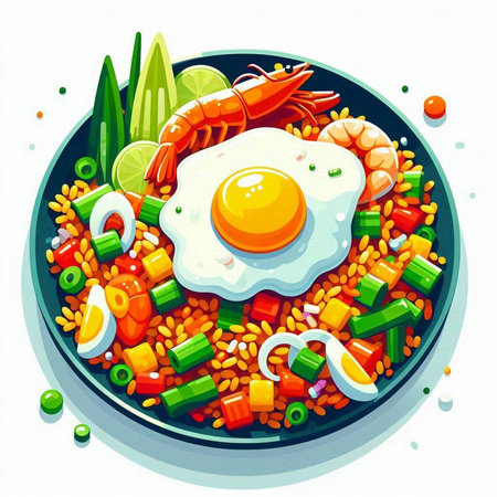 Fried egg with shrimp and vegetables on plate. Vector illustration.のイラスト素材