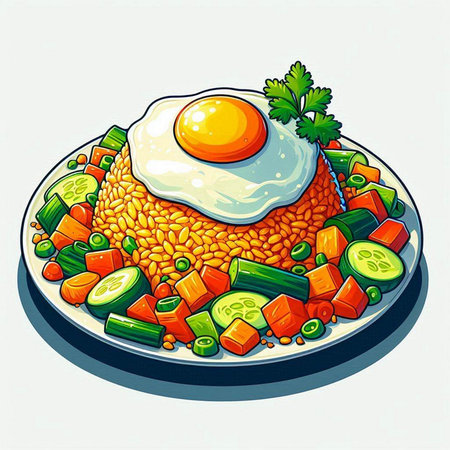 Illustration of a plate of lentil with fried egg and vegetablesのイラスト素材