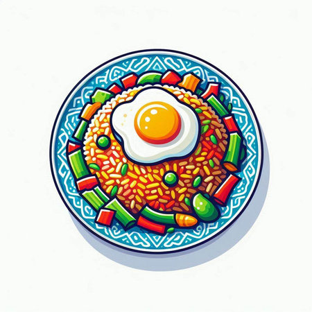 Thai Cuisine Food, Illustration of Rice with Fried Egg and Vegetablesのイラスト素材