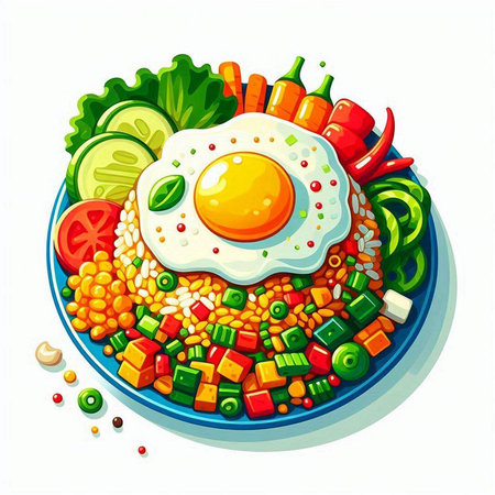 Fried egg in a plate with vegetables on a white background.のイラスト素材