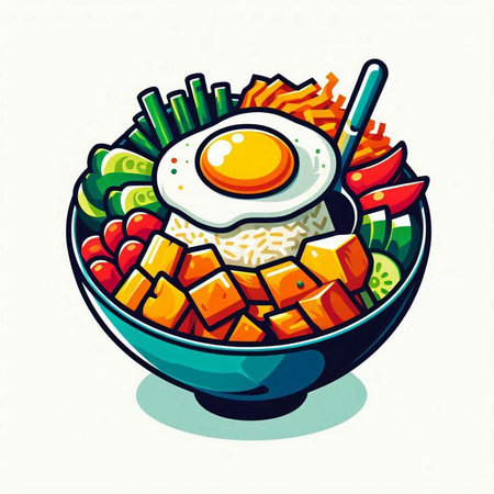 Bowl of rice with vegetables and fried egg. Vector illustration.のイラスト素材