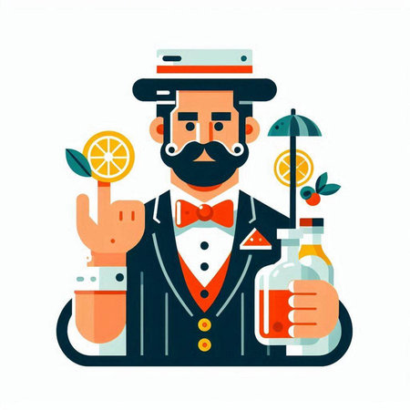 Hipster bartender with a bottle of drink. Vector illustration in flat styleのイラスト素材