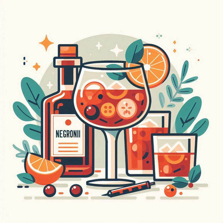 Alcoholic cocktail with gin, rum, grapefruit, orange and ice cubes. Flat vector illustration.のイラスト素材
