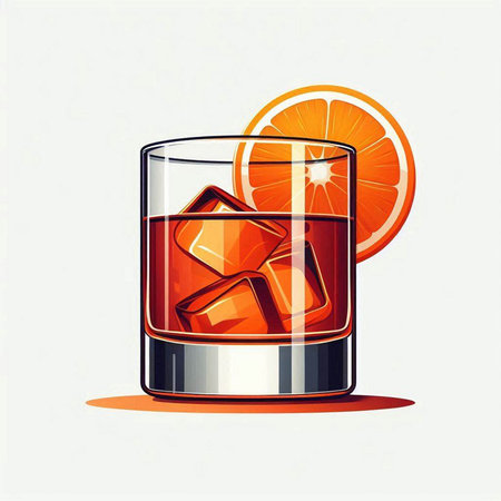 Glass of whiskey with ice cubes and orange slice. Vector illustration.のイラスト素材