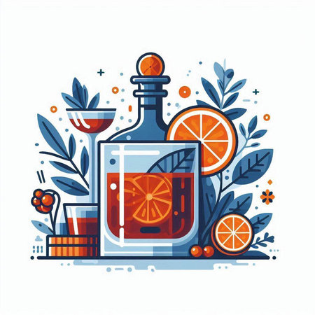 Cocktail with ice, orange and berries. Vector illustration.のイラスト素材