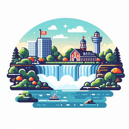 Waterfall in the city. Vector illustration in flat design style.のイラスト素材