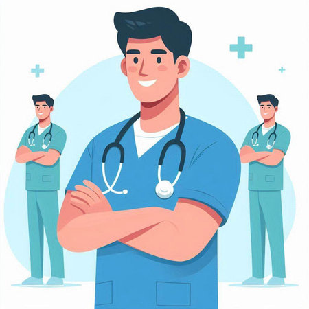 Male doctor with stethoscope. Vector illustration in cartoon style.のイラスト素材