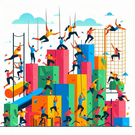 Business people climbing up the bar graph. Vector illustration in flat styleのイラスト素材
