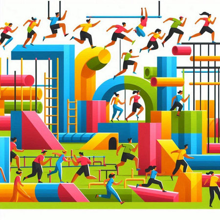 Group of people running on playground. Vector illustration in flat style.のイラスト素材