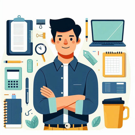 Vector illustration of a man standing with crossed arms on the background of office supplies.のイラスト素材