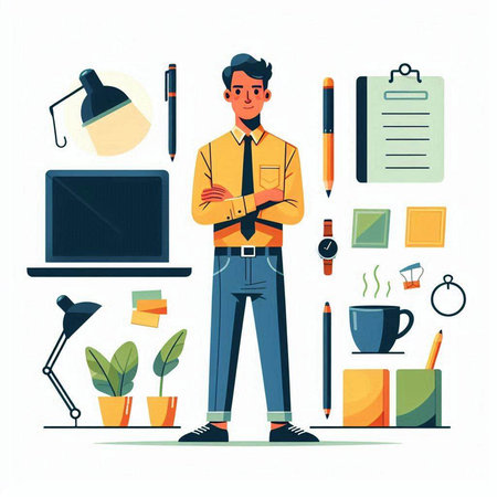 Businessman working in office. Vector illustration in flat cartoon style.のイラスト素材