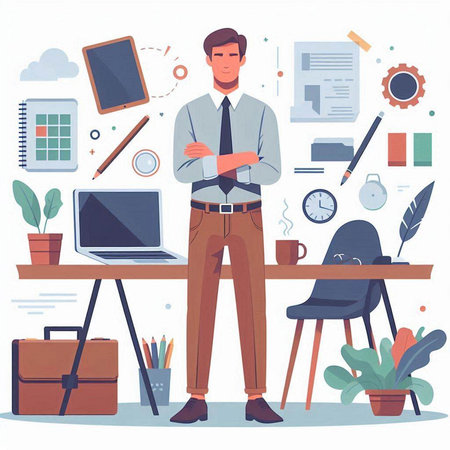 Businessman working at office. Vector illustration in flat cartoon style.のイラスト素材