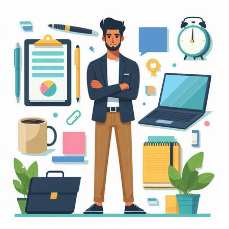 Vector illustration of a businessman standing in front of a set of office objects.のイラスト素材