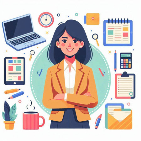 Businesswoman in office. Vector illustration in flat style. Business concept.のイラスト素材
