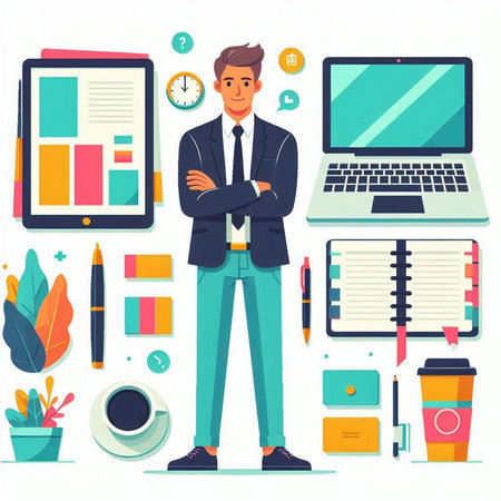 Flat design style vector illustration. Businessman standing in front of laptop, tablet, coffee cup, stationery and other items.のイラスト素材