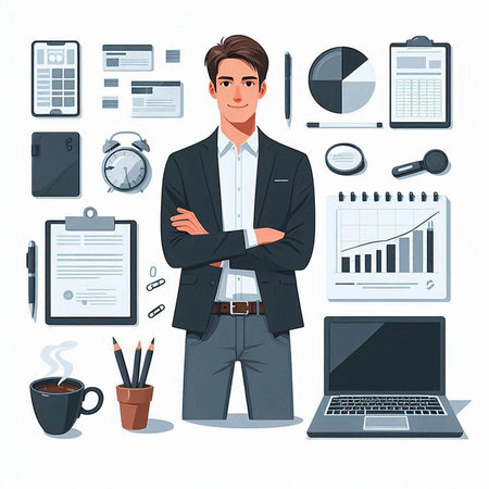 Businessman standing near laptop and office supplies. Vector illustration in cartoon styleのイラスト素材