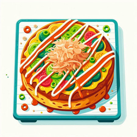 Illustration of a pizza with ketchup and mayonnaise.のイラスト素材