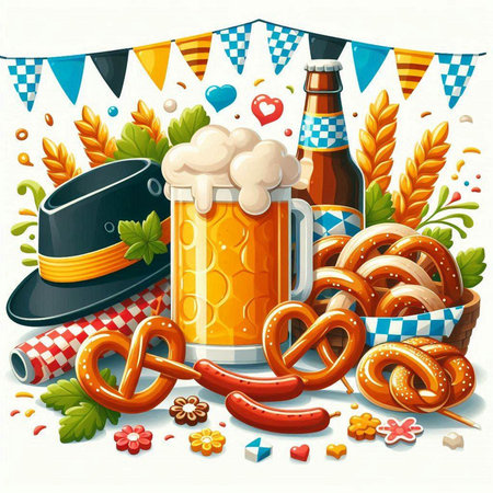 Oktoberfest background with beer mug, pretzels, bavarian hat, pretzel, horseshoe and hopのイラスト素材