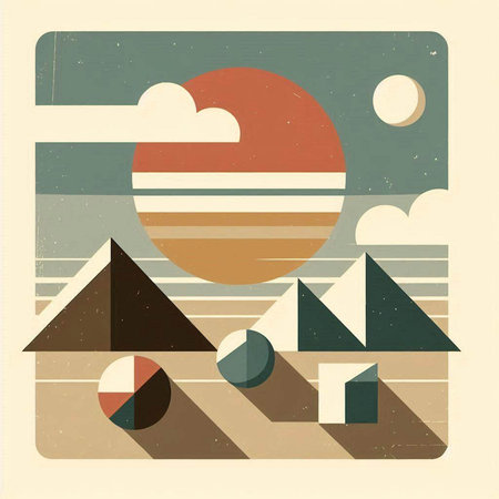 Retro geometric background with sun, clouds and mountains. Vector illustration.のイラスト素材