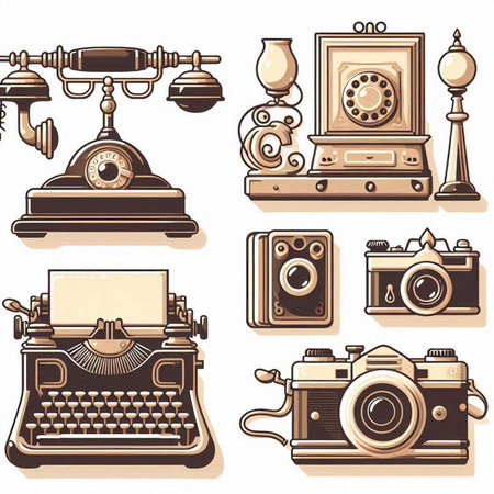 Retro telephone and camera icons. Vector illustration of vintage telephone and camera.のイラスト素材