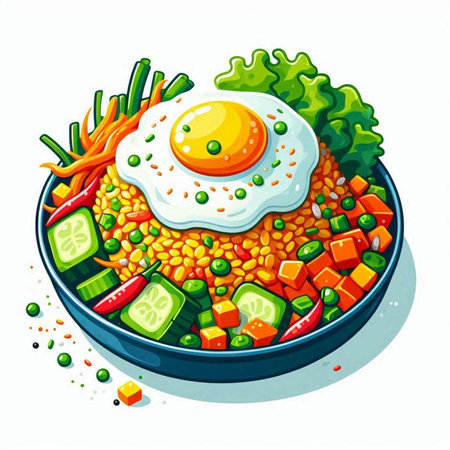 Illustration of a bowl of lentil with fried egg and vegetablesのイラスト素材