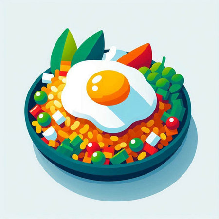 Fried egg on a plate with vegetables. Vector illustration in cartoon style.のイラスト素材
