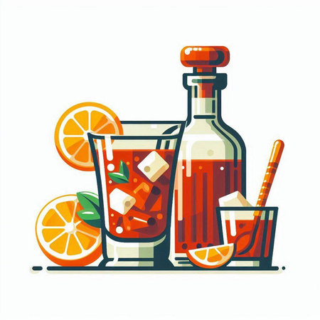 Alcoholic cocktail with orange, ice and mint. Vector illustrationのイラスト素材