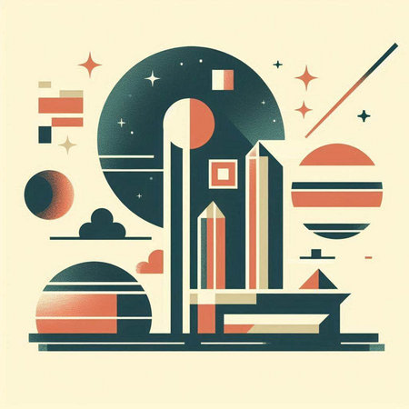 retro illustration of a city in retro style with geometric elements.のイラスト素材