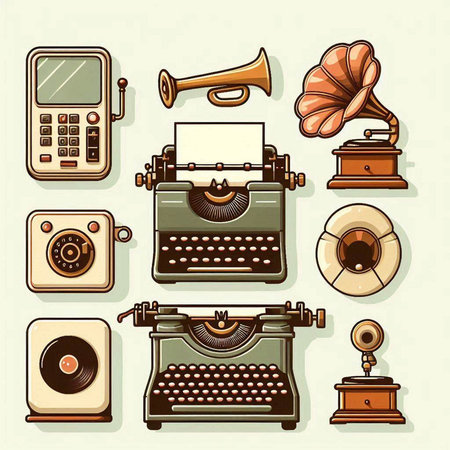 Vintage retro icons set with typewriter and gramophone isolated vector illustrationのイラスト素材