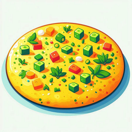 Illustration of a pizza with vegetables and cheese on a white backgroundのイラスト素材