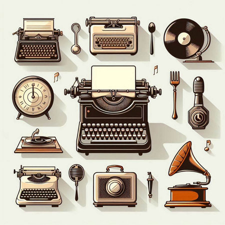 Retro icons set with typewriter, gramophone and other objectsのイラスト素材