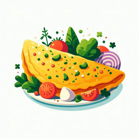 Omelette with vegetables and herbs on plate. Vector illustration.のイラスト素材
