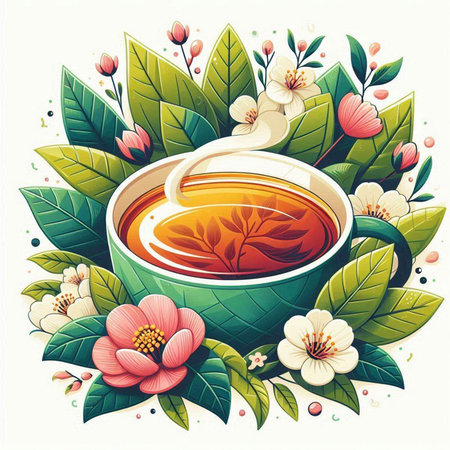 Cup of tea with green leaves and flowers. Vector illustration.のイラスト素材