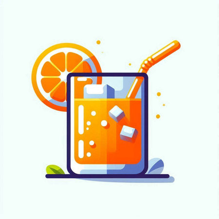 Orange juice in a glass with a straw and ice cubes. Vector illustration.のイラスト素材