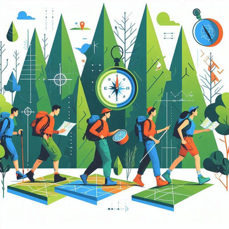 Tourists walking in the forest with map and compass. Vector illustration.のイラスト素材
