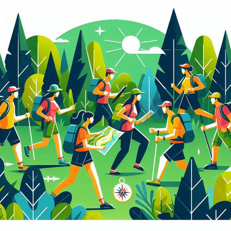 Vector illustration of a group of people hiking in the forest. Flat style.のイラスト素材