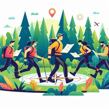 Hiking people vector illustration. People with backpacks and map walking in the forest.のイラスト素材