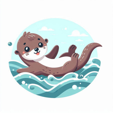Cute cartoon otter swimming in the sea. Vector illustration.のイラスト素材