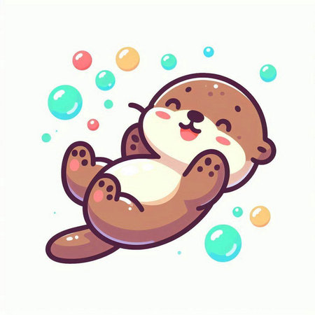 Cute cartoon baby otter with colorful bubbles. Vector illustration.のイラスト素材