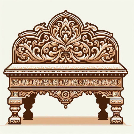 Luxury carved wooden bench with floral ornament. Vector illustration.のイラスト素材