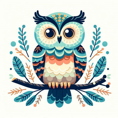 Cute owl sitting on branch with leaves. Vector illustration in cartoon style.のイラスト素材