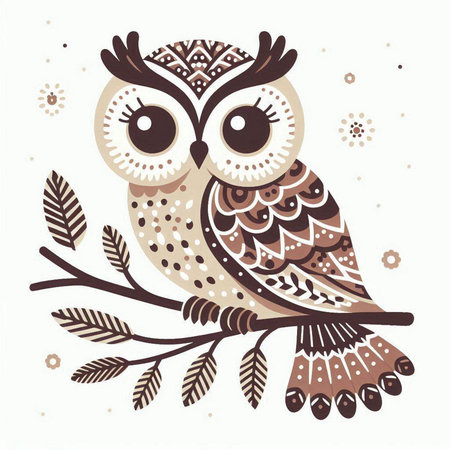 Owl sitting on a branch. Hand drawn vector illustration in boho style.のイラスト素材