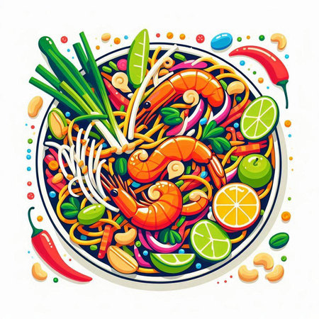 Hand drawn vector illustration of Noodle soup with shrimps, vegetables and fruits.のイラスト素材