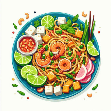 Spaghetti with shrimp, tofu and vegetables in bowl. Vector illustration.のイラスト素材
