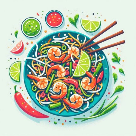 Noodles with shrimps, vegetables and herbs. Vector illustration.のイラスト素材
