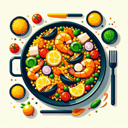 Seafood paella in a frying pan. Vector illustration.のイラスト素材